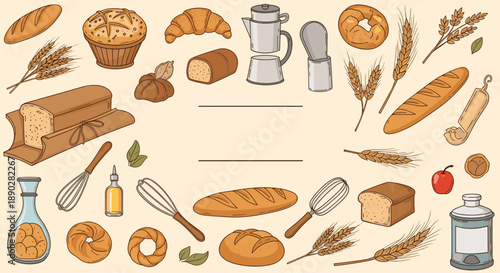 Comprehensive collection of hand-drawn bakery items including various breads, pastries, wheat stalks, kitchen tools, and oil bottles.