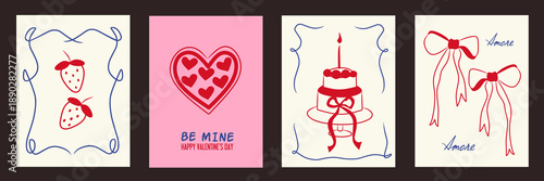 Set of vintage greeting cards for Valentine's Day in coquette style. Romantic border with ribbon, cake, invitation, bow in the la Dolce Vita aesthetic. Vector doodle hand drawn whimsical illustration.