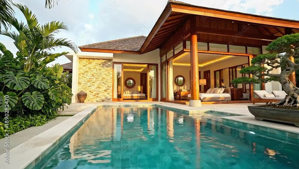 custom made wallpaper toronto digitalLuxurious tropical villa with private swimming pool, lush green gardens, traditional wooden roof, and elegant outdoor living space with a bonsai tree under a bright sky