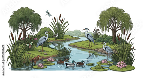 Vector illustration of a serene wetland ecosystem with herons, ducks, and fish in a river surrounded by lush vegetation and trees for World Wetlands Day conservation efforts.