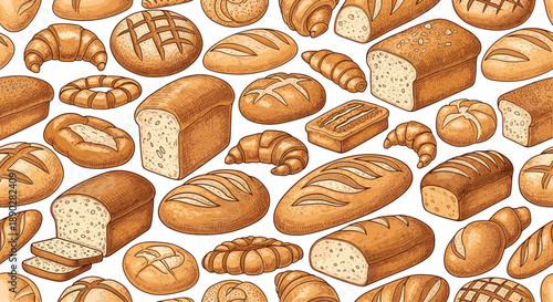 Detailed seamless pattern featuring a variety of freshly baked bread types like baguettes, croissants, and round loaves on a white background.