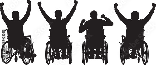 Set of four silhouettes of people in wheelchairs raising their arms in victory and celebration isolated on white background for disability empowerment and success.