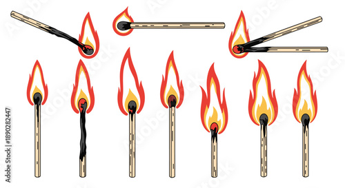Sequential collection of matches at different stages of burning, from a fresh flame to a charred stick, in a clear illustrative style.