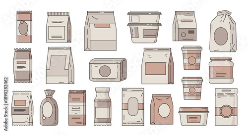 Collection of various food packaging templates including paper bags, glass jars, plastic cups, and cardboard boxes in a minimalist style.