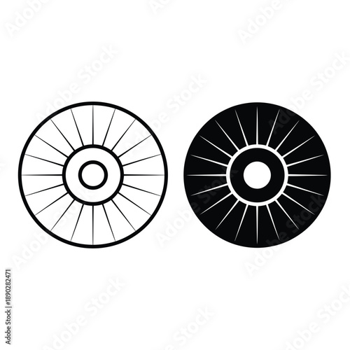 Two circular designs one white and one black with radial spoke patterns
