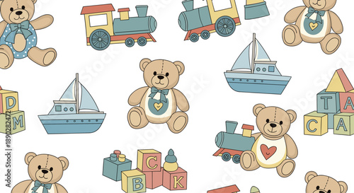 Charming children seamless pattern featuring cute teddy bears, vintage toy trains, sailboats, and colorful alphabet building blocks.