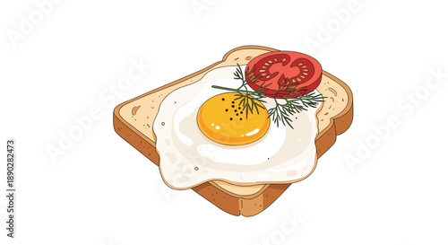 Appetizing illustration of a sunny-side-up fried egg on a slice of golden toast, topped with a fresh tomato slice and dill herbs.