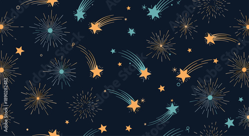 Whimsical seamless pattern featuring colorful shooting stars and explosive fireworks scattered across a dark midnight blue background.