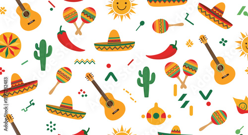 Festive Mexican culture seamless pattern with sombreros, maracas, guitars, cacti, and hot chili peppers in a bright colorful style.