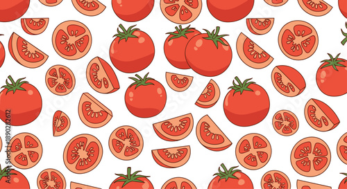 Fresh vegetable seamless pattern showcasing ripe whole tomatoes and sliced tomato pieces on a clean white background for cooking.
