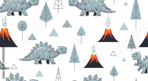 Whimsical children pattern with mechanical robot dinosaurs, stylized trees, and erupting volcanoes in a cool blue and gray palette.