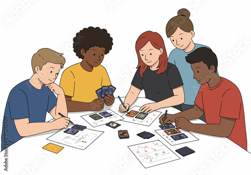 Diverse group of friends focused on playing a modern tabletop board game, strategy, and cards, enjoying a fun and engaging social activity together.