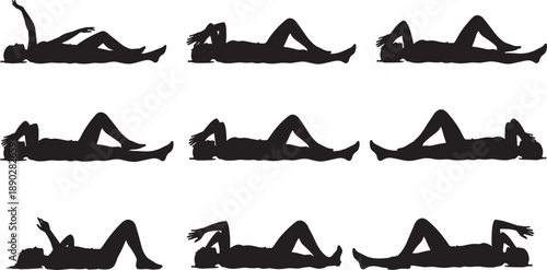 Set of female silhouettes in various lying down exercise poses and abdominal crunches isolated on white background for fitness health and wellness training concepts.