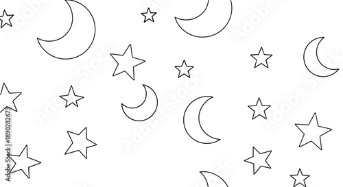 Simple minimalist night sky pattern with black outlines of crescent moons and stars scattered randomly on a white background.