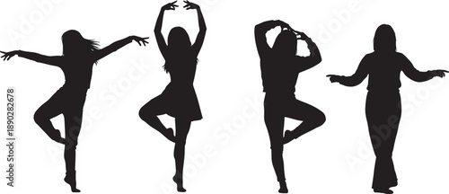 WebSet of graceful female dancer silhouettes in various artistic contemporary and ballet poses isolated on white background for performing arts and fitness dance concepts.