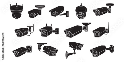 Surveillance camera vector set, black cctv icon collection, wall mount design, security monitoring system, home safety, flat illustration