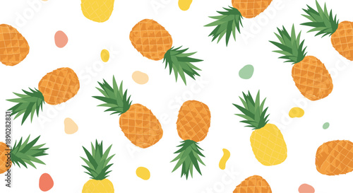 Tropical pineapple seamless pattern featuring vibrant yellow fruits with green leaves scattered among colorful abstract shapes.