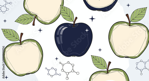 Conceptual illustration of a dark, shiny apple surrounded by celestial stars and chemical molecule structures on a light blue base.