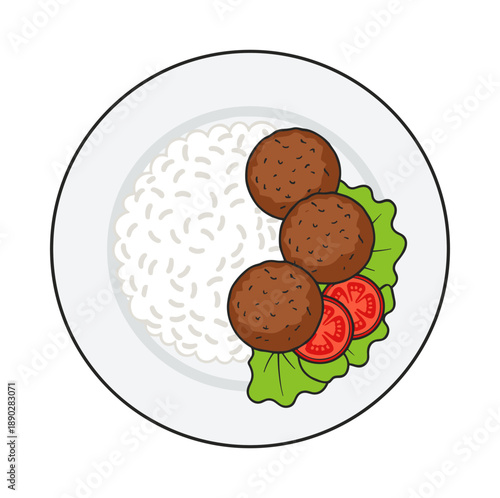 Tasty falafel balls with rice and fresh vegetables top view