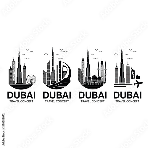 Four stylized depictions of dubai s skyline with the city s name
