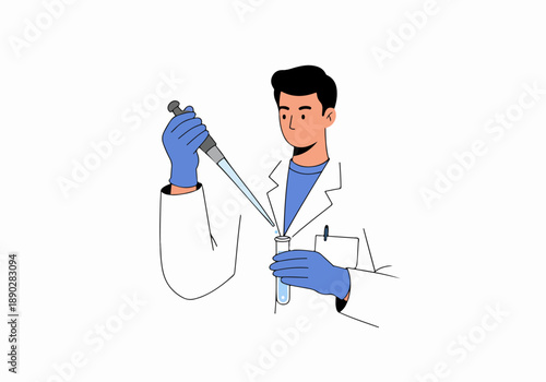 Scientist in lab coat and gloves uses a pipette to transfer liquid into a test tube, performing an experiment or analysis in a laboratory setting.