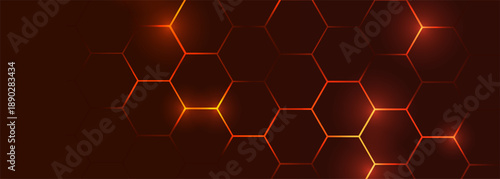 Dark red hexagon abstract technology background with orange and red colored bright flashes under hexagon. Hexagonal gaming vector abstract tech background. Vector illustration with honeycomb pattern