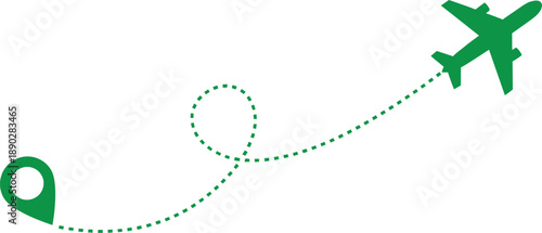 Green airplane route with dotted flight path and location pin. Minimal travel journey illustration for tourism and navigation concepts. Modern aviation destination graphic design. 