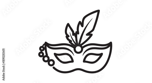 A decorative mask with feathers and beads on a simple background from a straightforward view