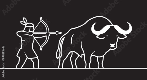Archer aiming bow at majestic bison in minimalist vector illustration from side view