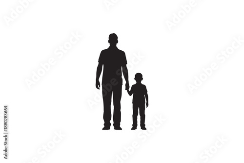 Silhouette of a father holding his son's hand, walking side by side against a white background