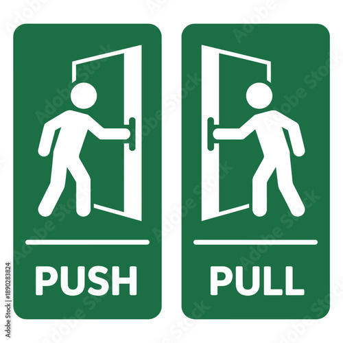 Green exit signs displaying a person opening a door labeled push and pull