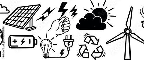 Black and white vector eco friendly energy icons with solar panel wind turbine light bulb recycling battery hand electricity symbols