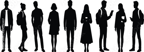 Group of diverse people silhouettes standing and holding women