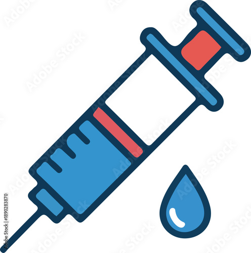 Modern colorful syringe with a blue liquid and a drop, representing health and medicine