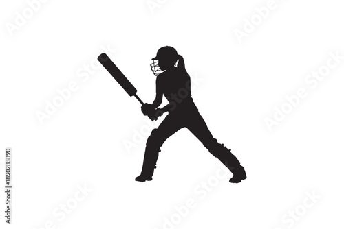 Woman cricketer hitting ball, bat raised, full protective gear, facing forward silhouette