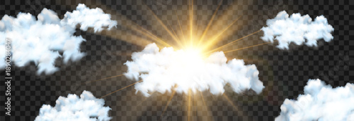 Vector realistic cloud with transparent sunlight. Cloud texture, nature sky with bright sun. Sky nature illustration on png background. Vector weather isolated on transparent background.