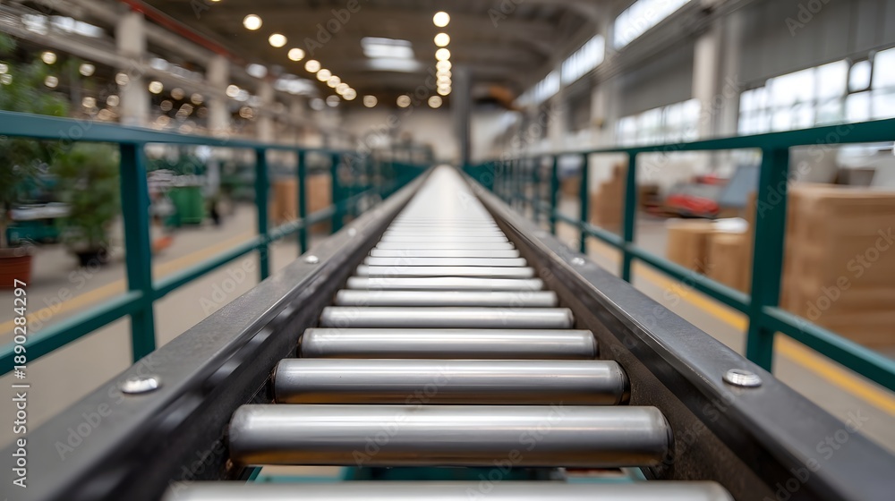 Fototapeta premium An empty roller conveyor system stretches down a brightly lit factory floor ready for production