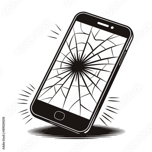 A black smartphone with a shattered screen and radiating impact lines