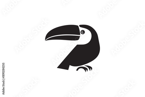 Black silhouette of toucan bird with large beak on white background. Stylized tropical bird illustration for design.