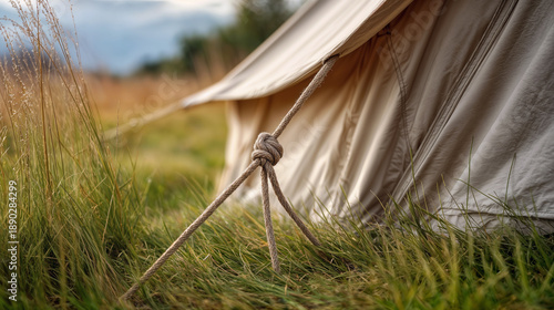 ** Festival Tent in Tranquil Meadow Close-Up View of Taut Rope and Stakes Securing Canvas in Peaceful Outdoor