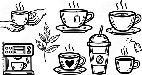 Hand drawn black and white coffee cups and espresso machine vector art collection with steaming hot beverages and tea bag details