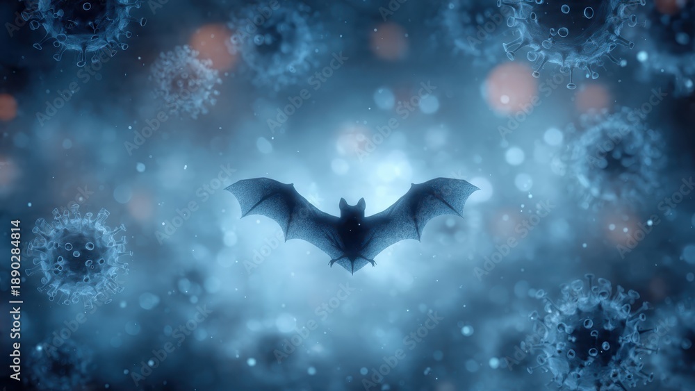 Fototapeta premium A dark, atmospheric image featuring a bat amidst floating virus particles, creating a sense of mystery and unease.