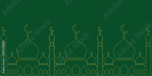 Islamic mosque skyline with crescent moons in golden line art on green background. Elegant Ramadan and Eid horizontal banner illustration. Religious architecture celebration design. 