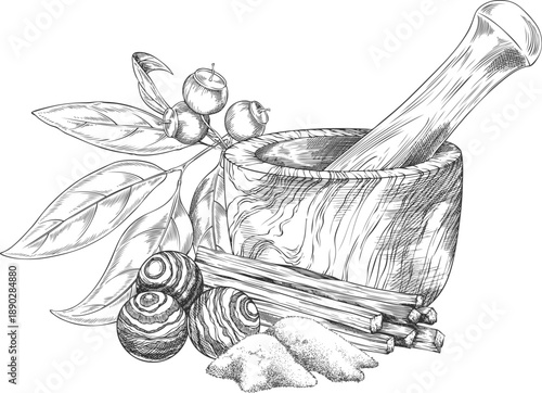 Sandalwood tree products sketch, vector hand drawn engraved leaves and seeds, mortar, powder, wooden balls and sticks