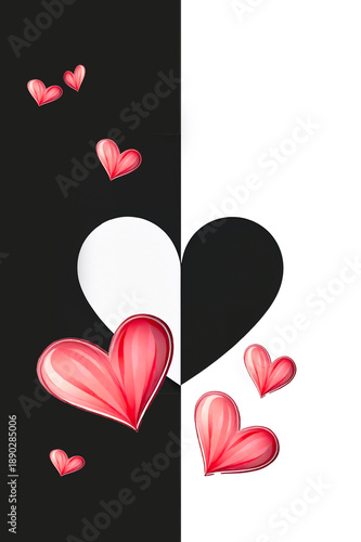 A bold composition of pink and red hearts arranged around a central black heart, set against a split monochrome background. Graphic and expressive.