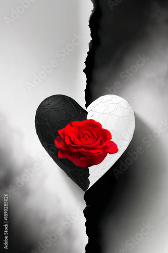 A black and white torn heart with a vivid red rose blooming at its center. A striking contrast of pain and beauty, love and loss.