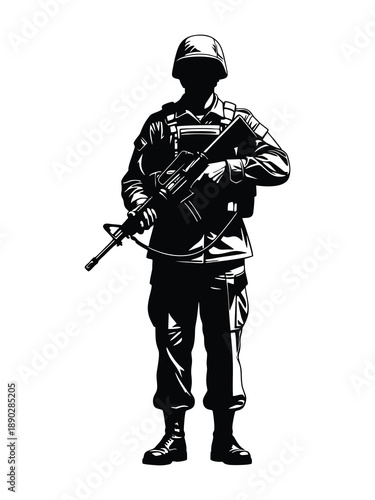 silhouette of a soldier holding a weapon against a white background