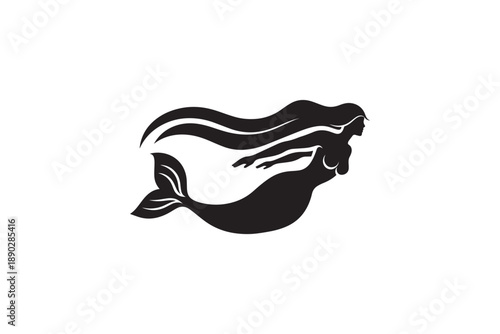 Graceful mermaid silhouette swimming underwater with long flowing hair and detailed fish tail fin