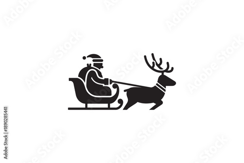 Santa claus riding sleigh pulled by reindeer silhouette icon isolated on white background for xmas