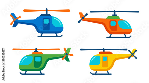Flat design helicopter set in various colors on a white background